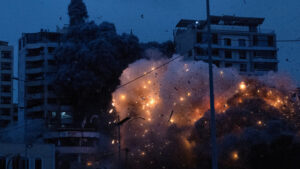 Aftermath of an Israeli strike on a building in the Chiyah district of Beirut's southern suburbs